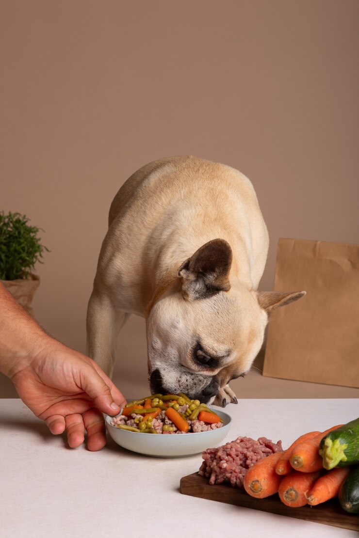 Dog having food from a bowl